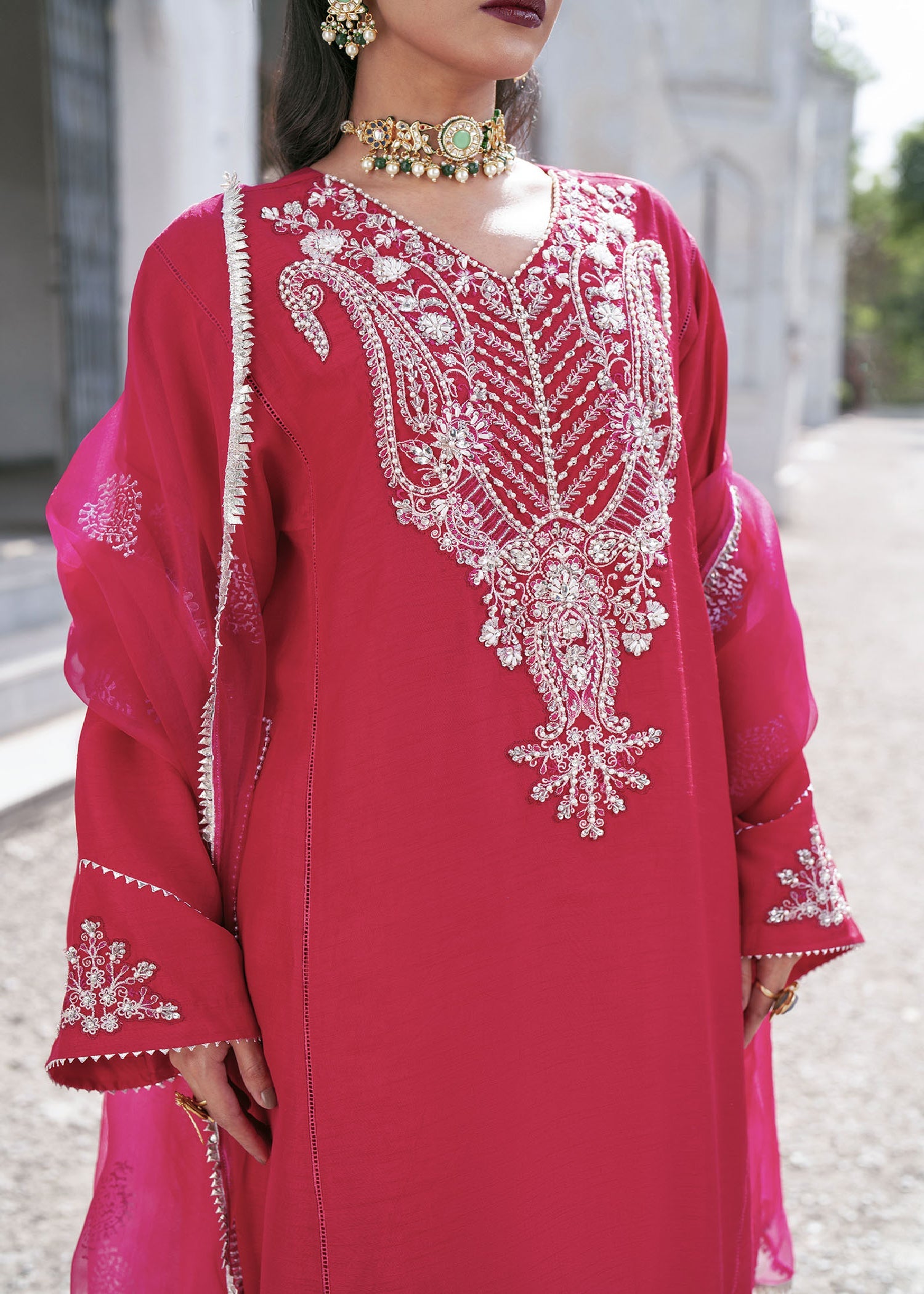 Pakistani Hot Pink Hand Embellished Raw Silk Kurta Set (3-Piece) - Image 4