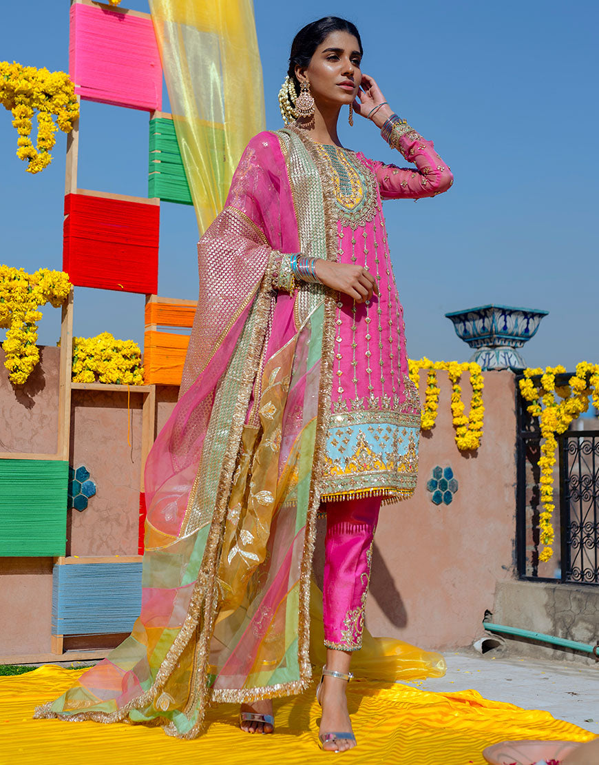 Gulabi Pink Embellished Raw Silk Organza Salwar Kameez (3-Piece) - Image 1