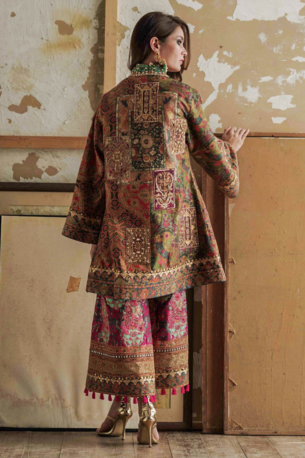 Pakistani Pink Zardozi Raw Silk A-Line Short Shirt (3-Piece) - Image 5