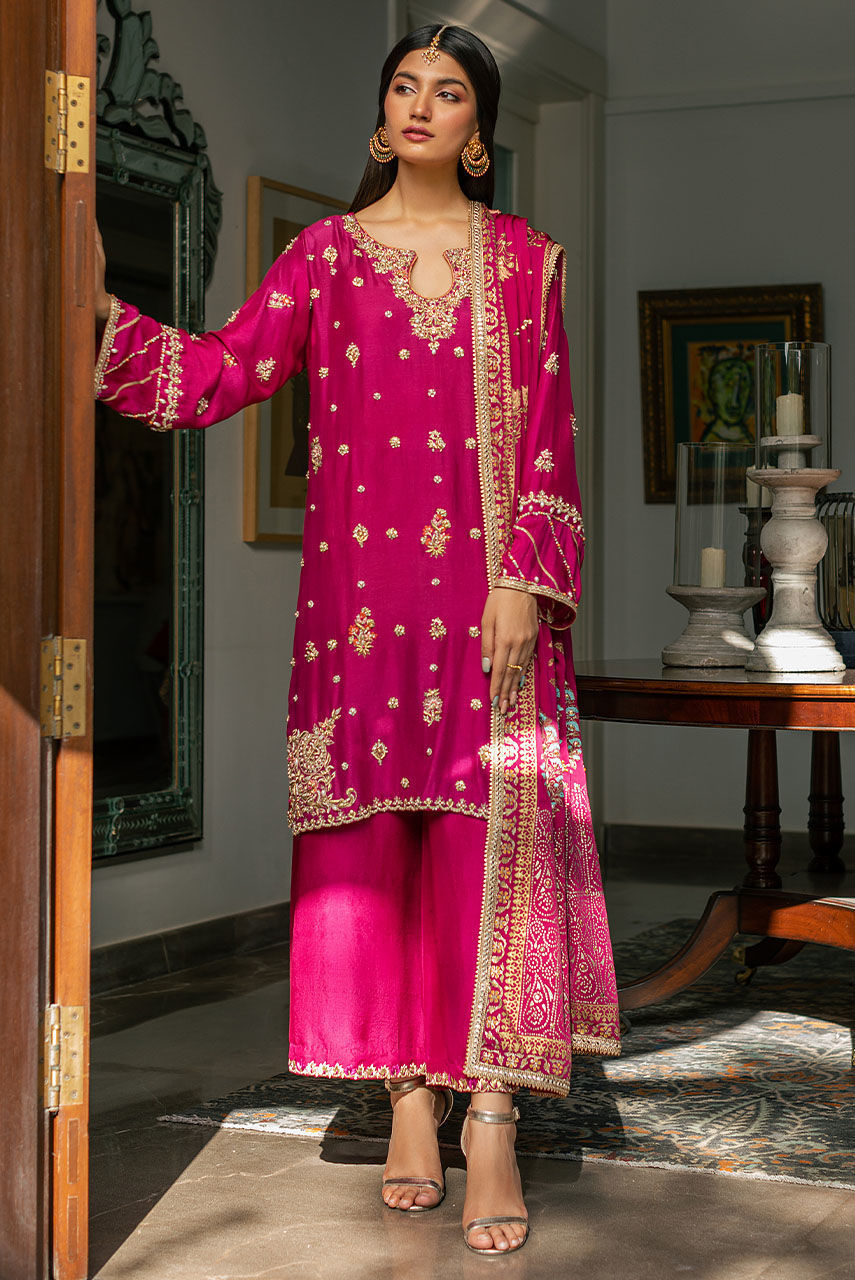 Pakistani Magenta Hand-Embroidered Raw Silk Tunic Set (3-Piece) - Image 1