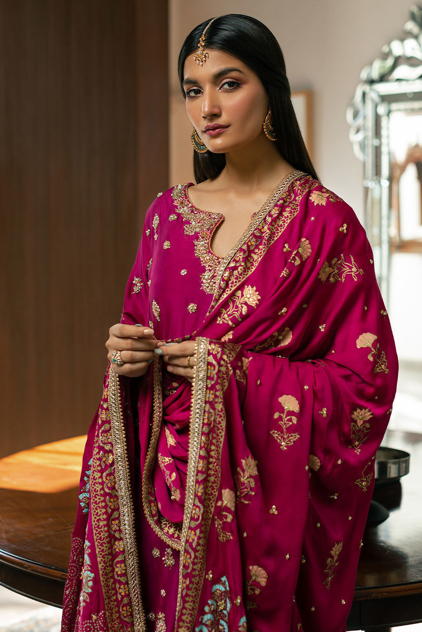 Pakistani Magenta Hand-Embroidered Raw Silk Tunic Set (3-Piece) - Image 4