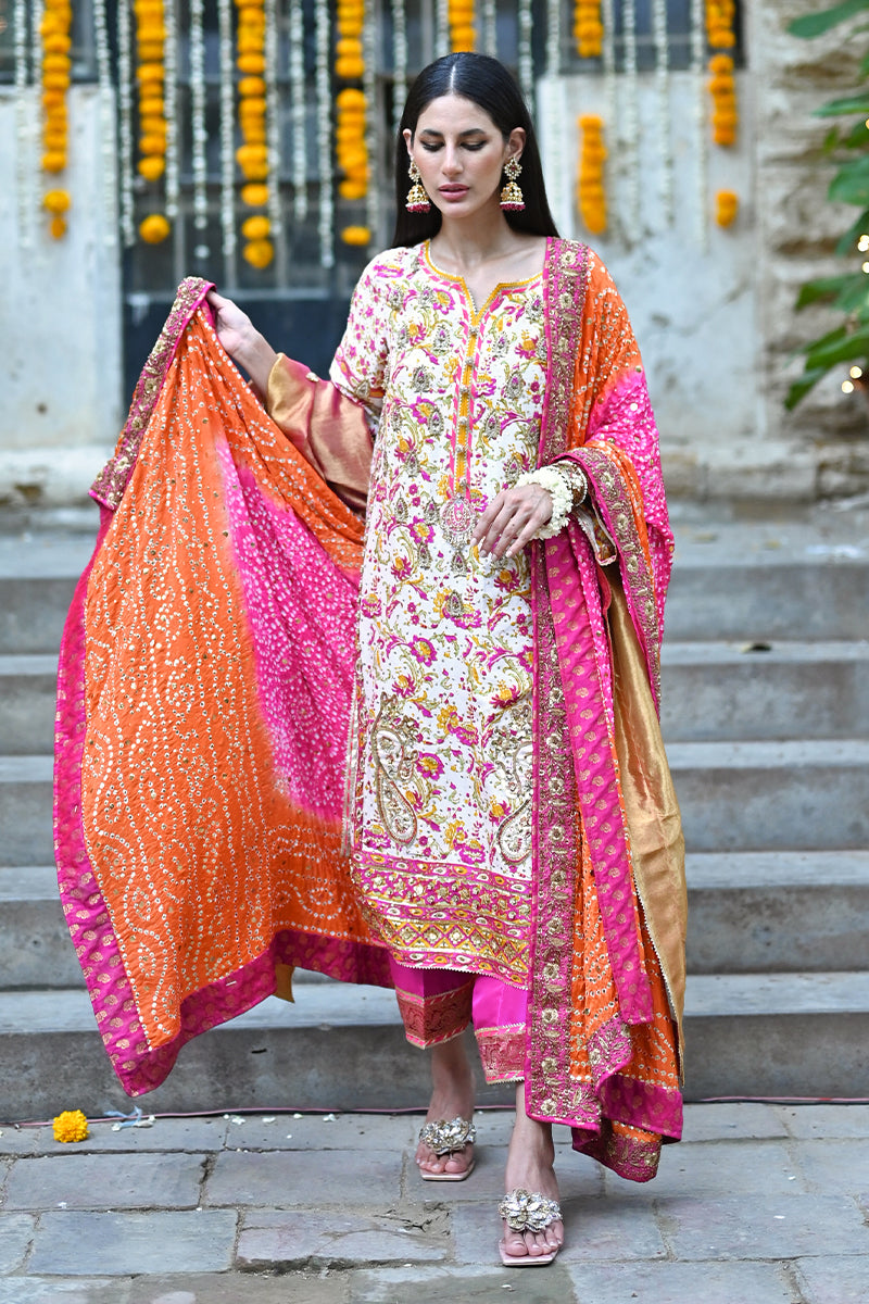Pakistani Pink and Mustard Zardozi Raw Silk Kurta Set (3-Piece) - Image 1