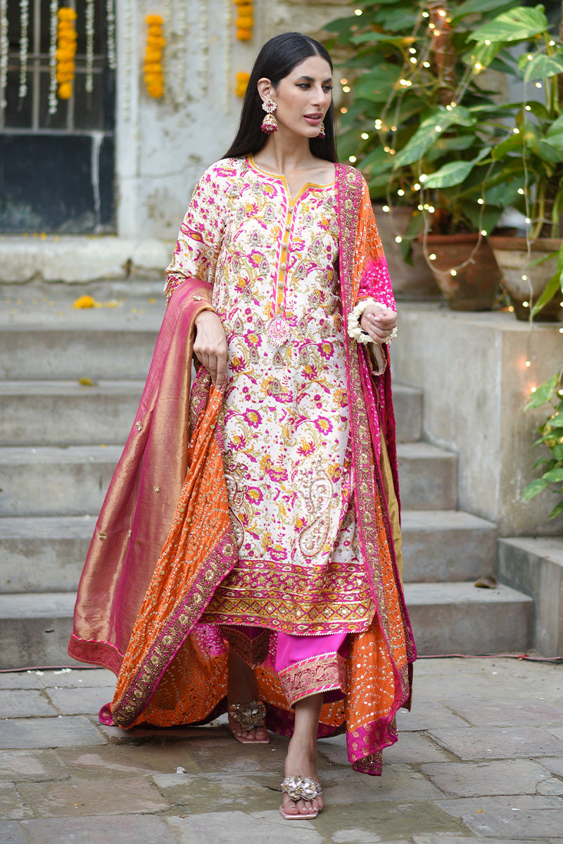 Pakistani Pink and Mustard Zardozi Raw Silk Kurta Set (3-Piece) - Image 2