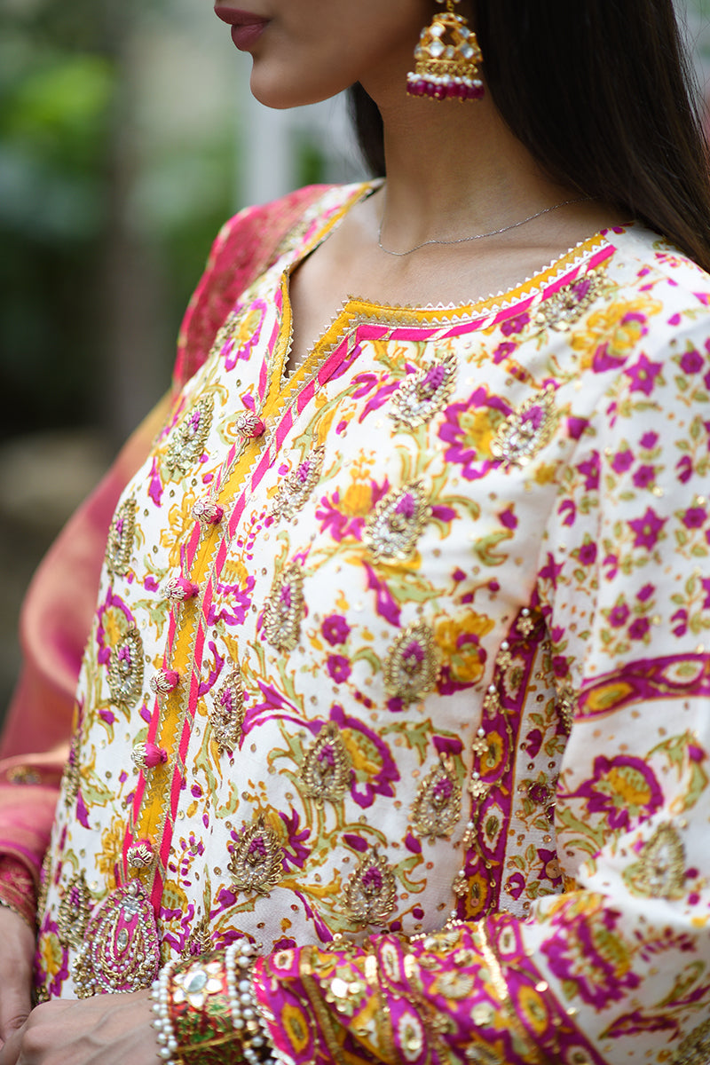 Pakistani Pink and Mustard Zardozi Raw Silk Kurta Set (3-Piece) - Image 4