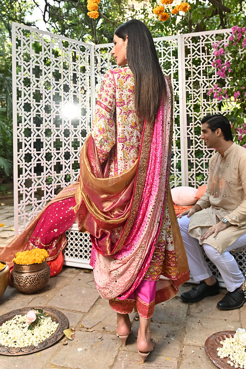 Pakistani Pink and Mustard Zardozi Raw Silk Kurta Set (3-Piece) - Image 5