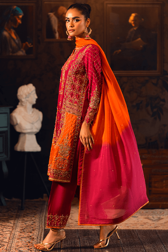 Magenta & Orange Zardozi PK Raw Silk Kurta Set (3-Piece) - Image 4