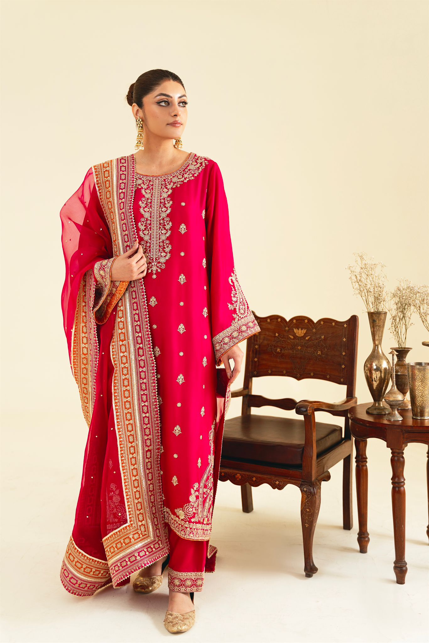 Hot Pink Zari Sequin Raw Silk Salwar Kameez (3-Piece) - Image 1