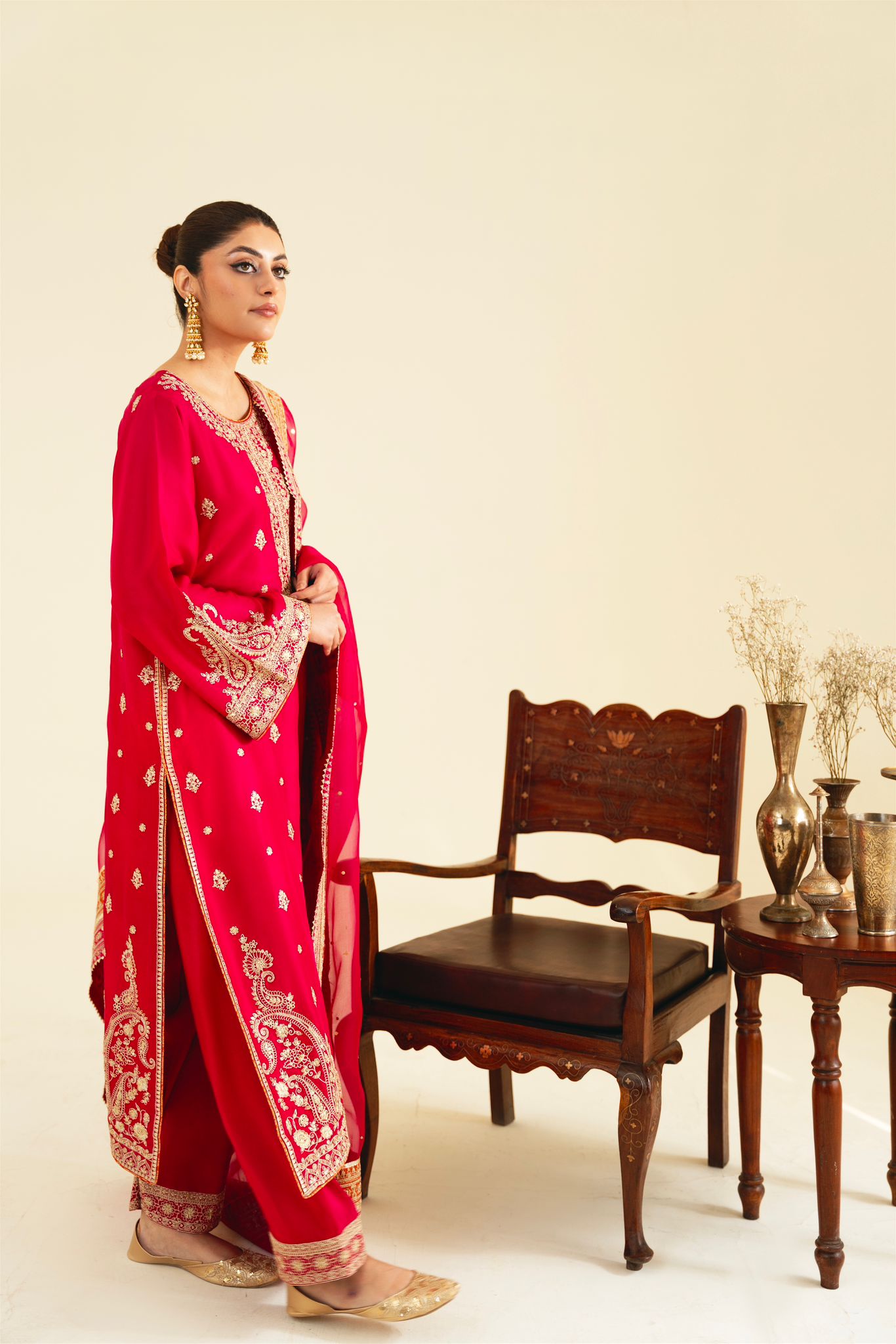 Hot Pink Zari Sequin Raw Silk Salwar Kameez (3-Piece) - Image 2
