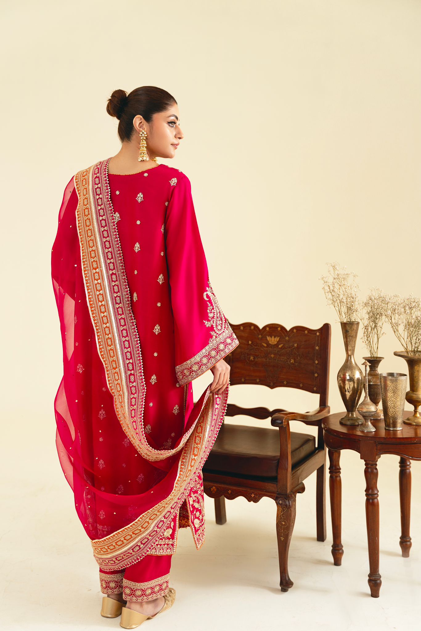 Hot Pink Zari Sequin Raw Silk Salwar Kameez (3-Piece) - Image 4