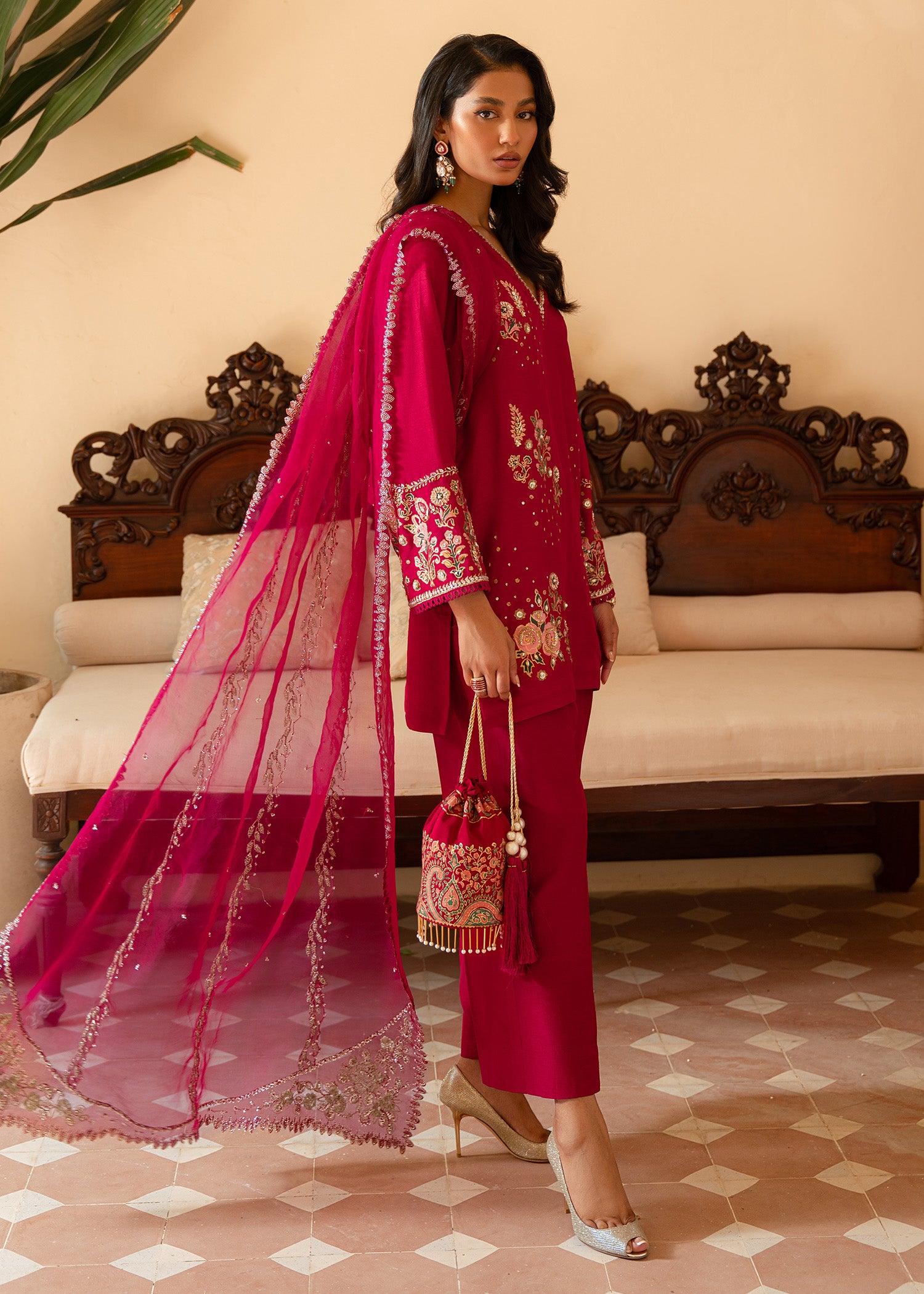 Hot Pink Embroidered Korean Rawsilk Salwar Kameez (3-Piece) - Image 2