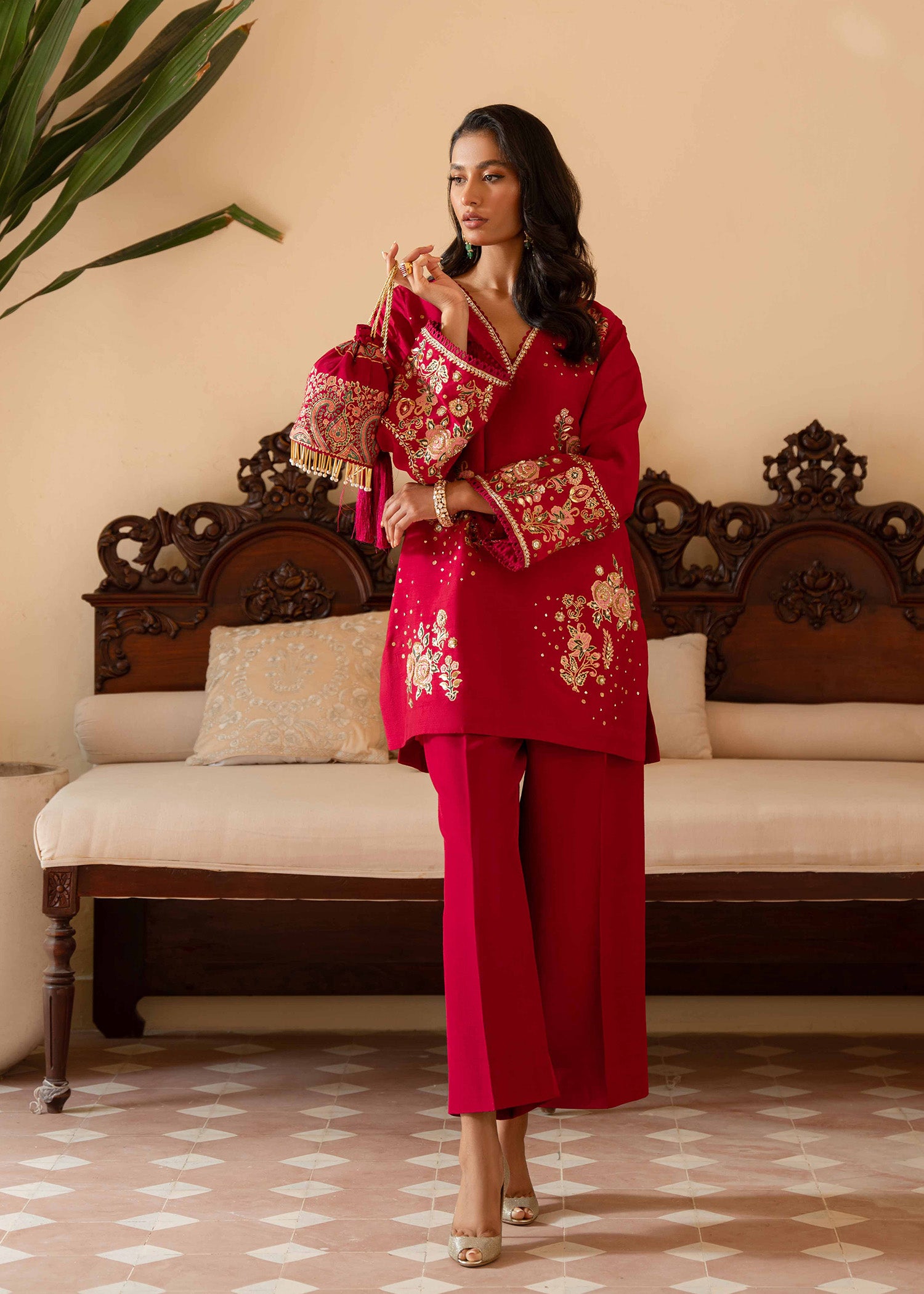 Hot Pink Embroidered Korean Rawsilk Salwar Kameez (3-Piece) - Image 3