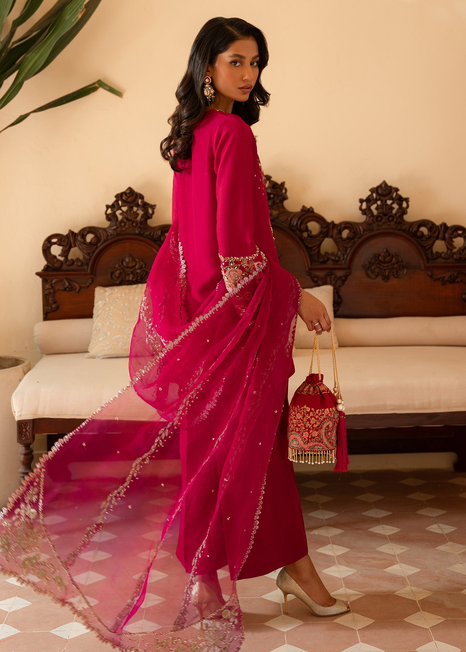 Hot Pink Embroidered Korean Rawsilk Salwar Kameez (3-Piece) - Image 4