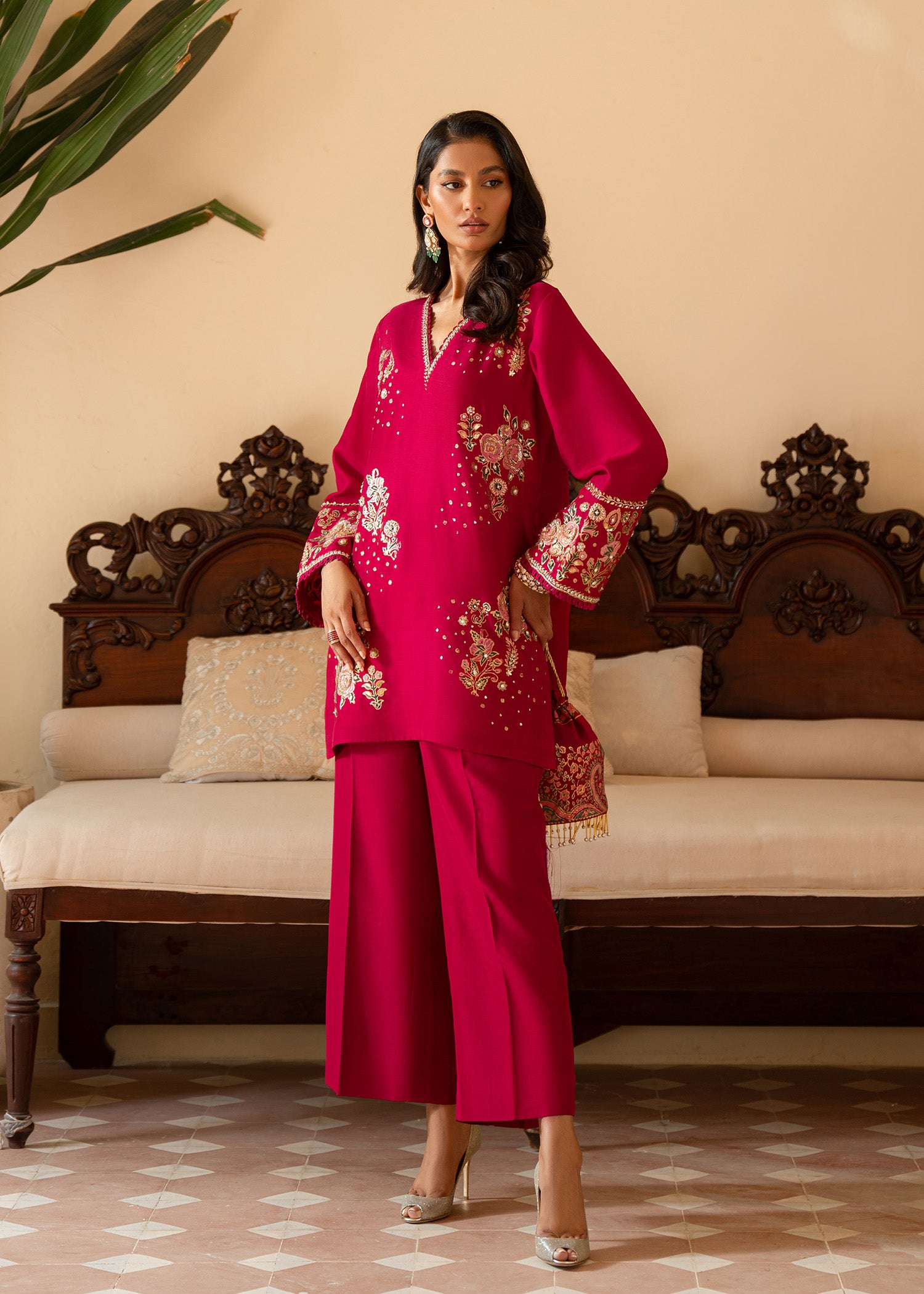 Hot Pink Embroidered Korean Rawsilk Salwar Kameez (3-Piece) - Image 5