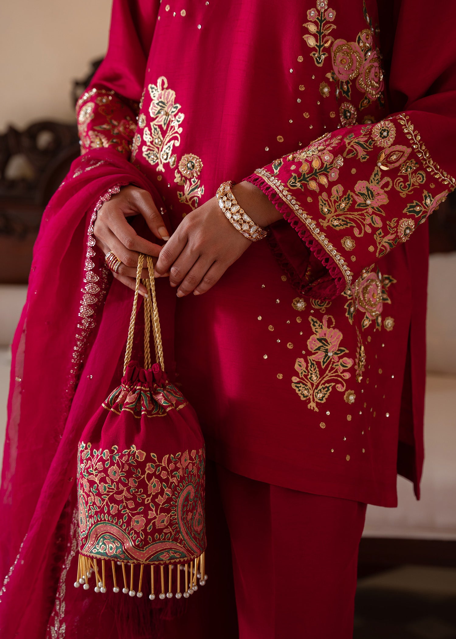 Hot Pink Embroidered Korean Rawsilk Salwar Kameez (3-Piece) - Image 7