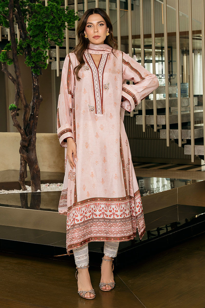 Pakistani Tea Pink Embroidered Pure Rawsilk Salwar Kameez (3-Piece) - Image 1