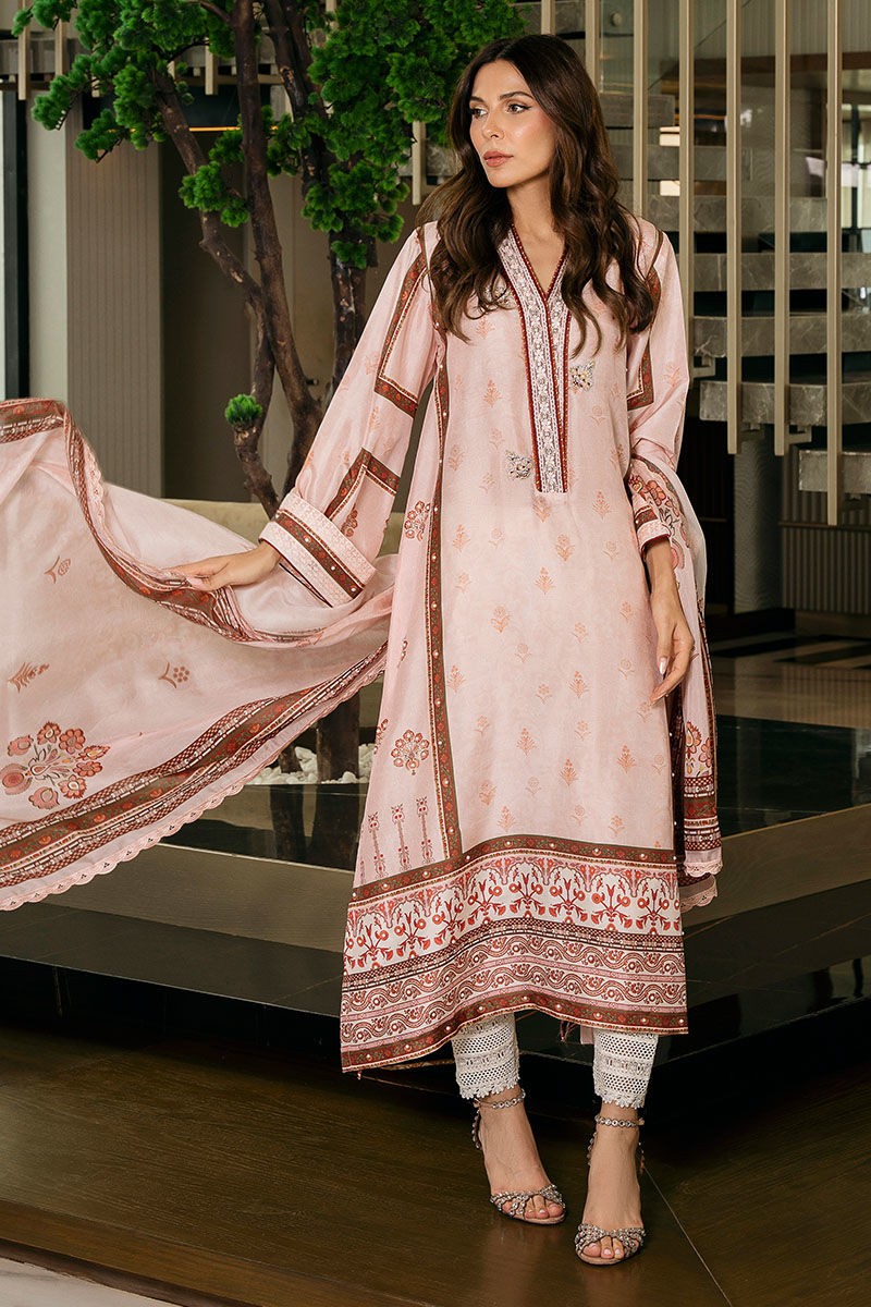 Pakistani Tea Pink Embroidered Pure Rawsilk Salwar Kameez (3-Piece) - Image 2