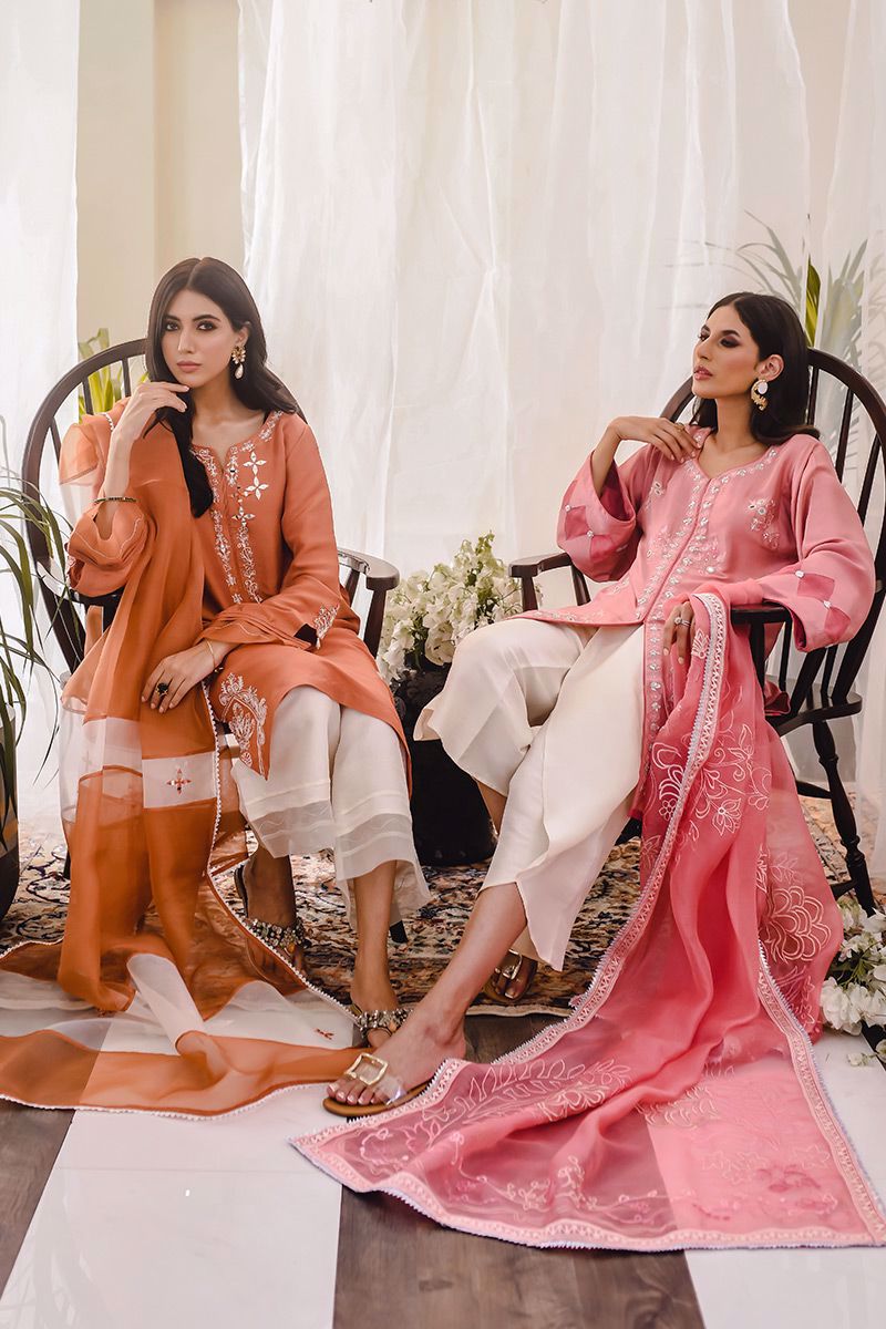 Pakistani Salmon Gota Embroidered Rawsilk Kurta Set (3-Piece) - Image 11