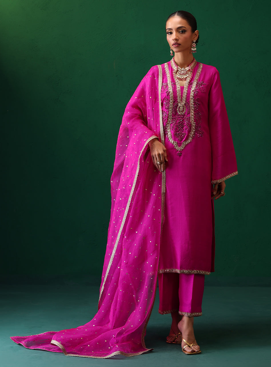 Fuchsia Embroidered Rawsilk & Organza Kurta Set (3-Piece) - Image 1