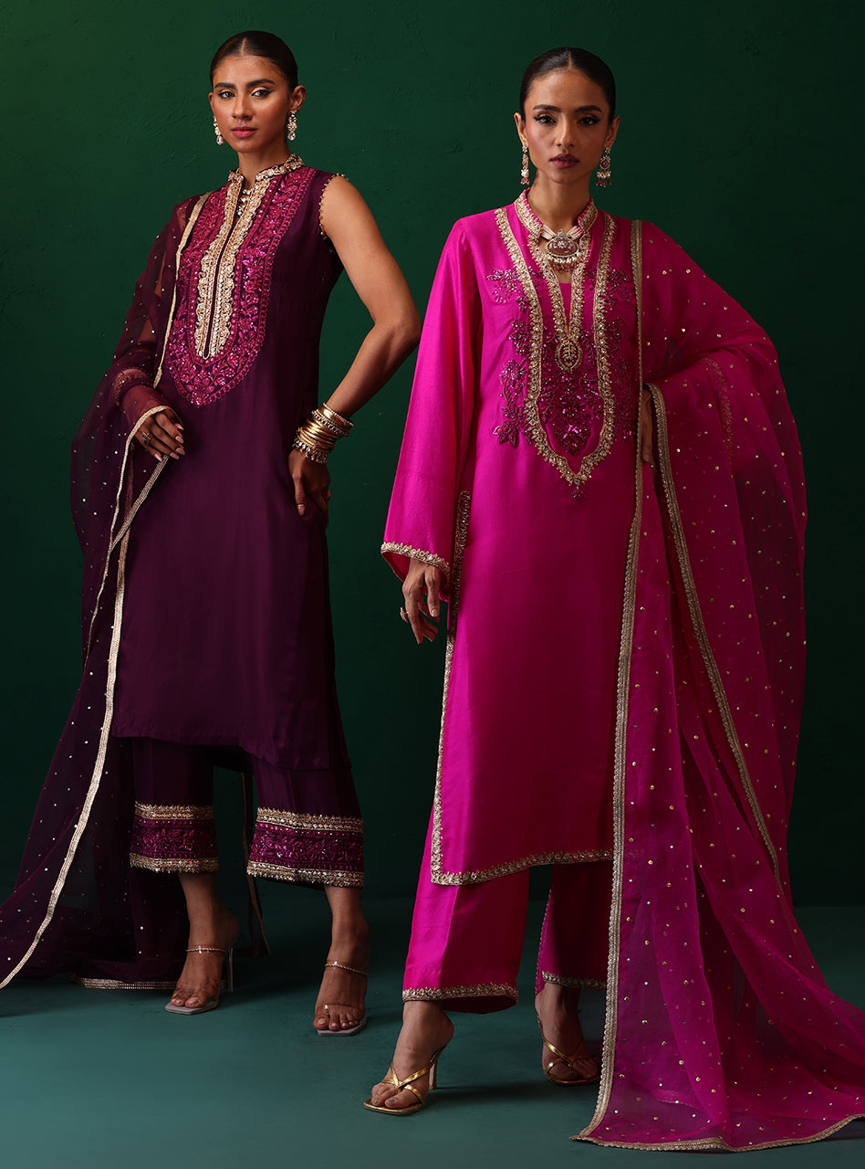 Fuchsia Embroidered Rawsilk & Organza Kurta Set (3-Piece) - Image 10