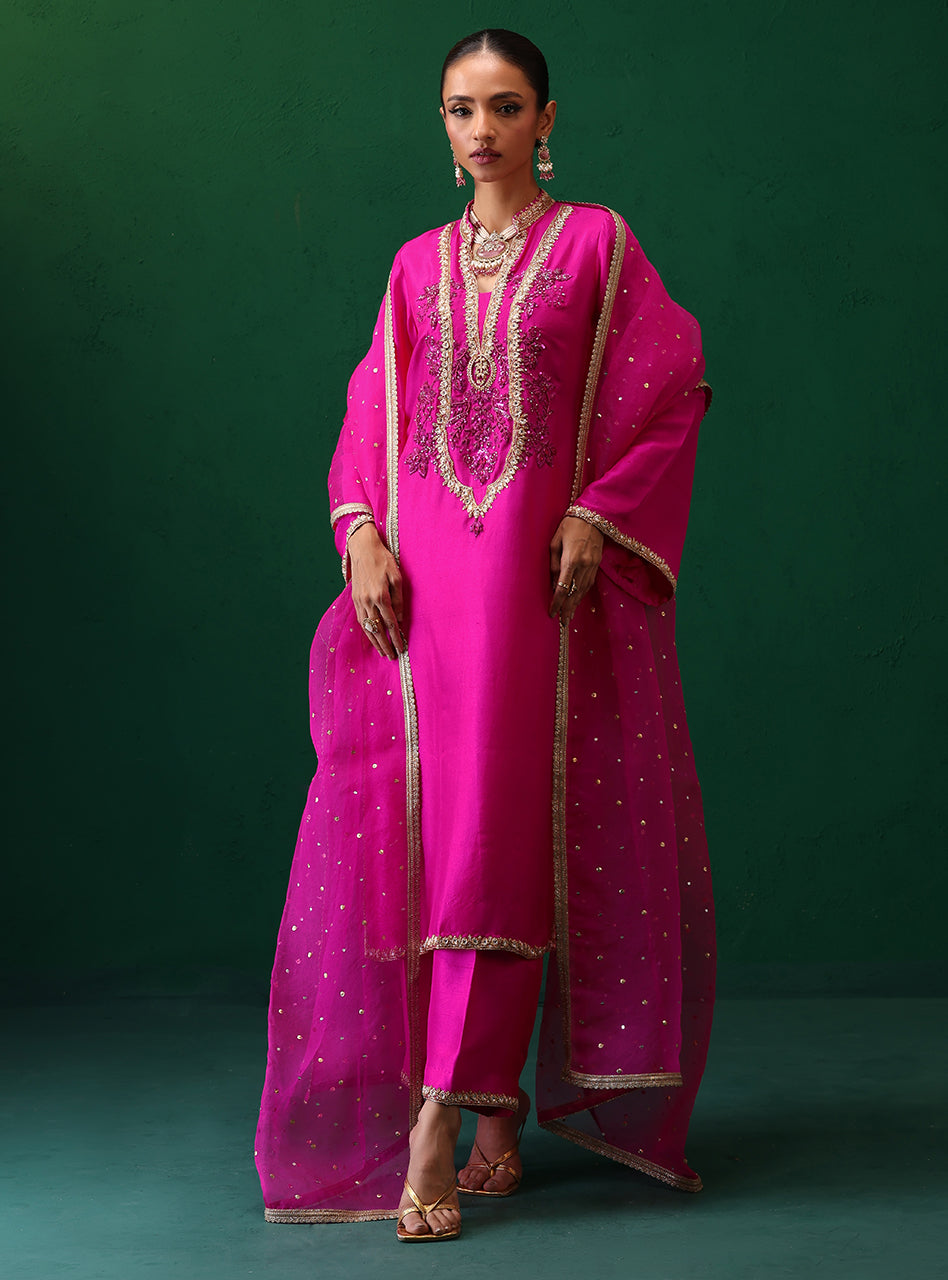 Fuchsia Embroidered Rawsilk & Organza Kurta Set (3-Piece) - Image 11