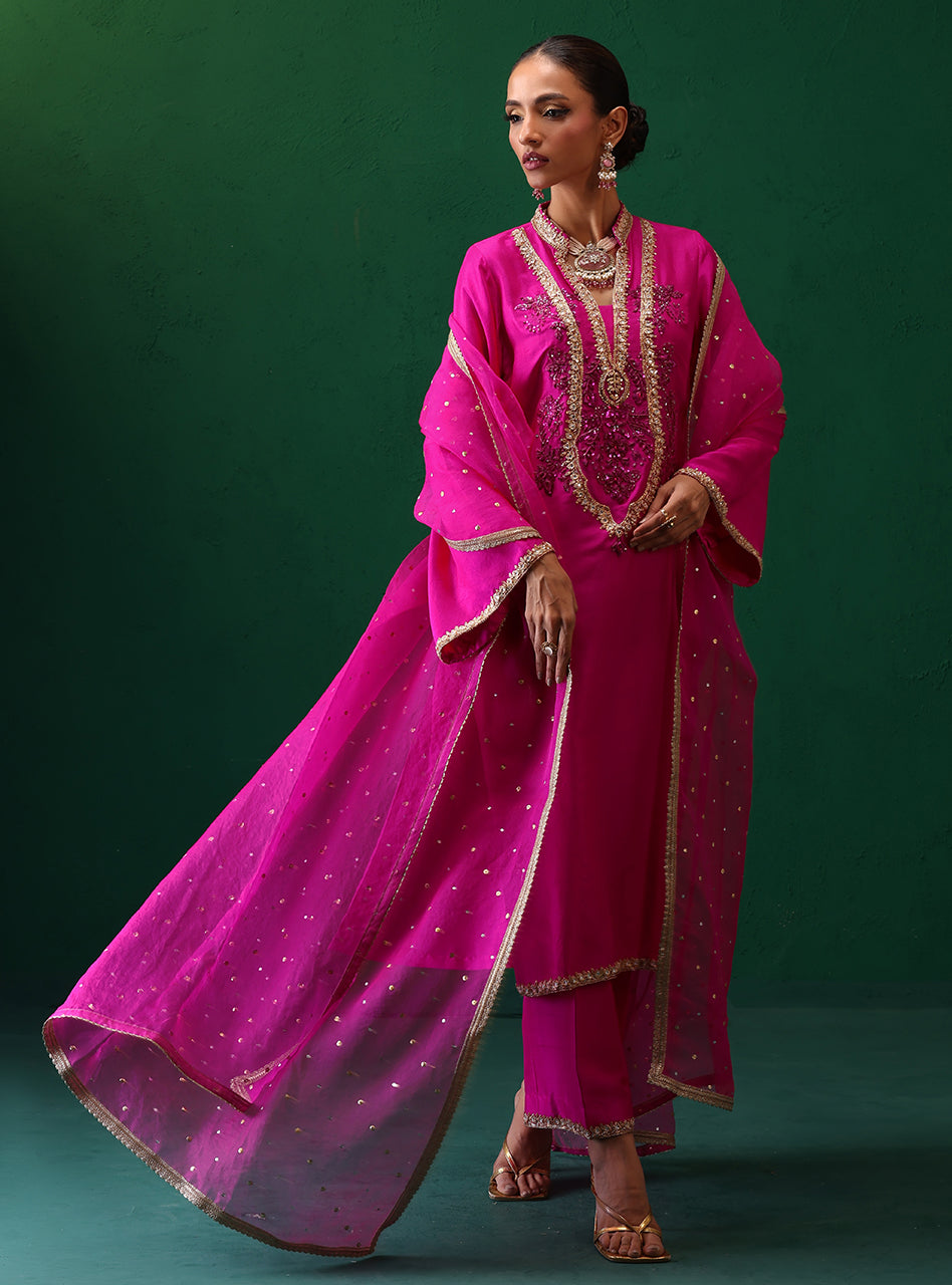 Fuchsia Embroidered Rawsilk & Organza Kurta Set (3-Piece) - Image 2