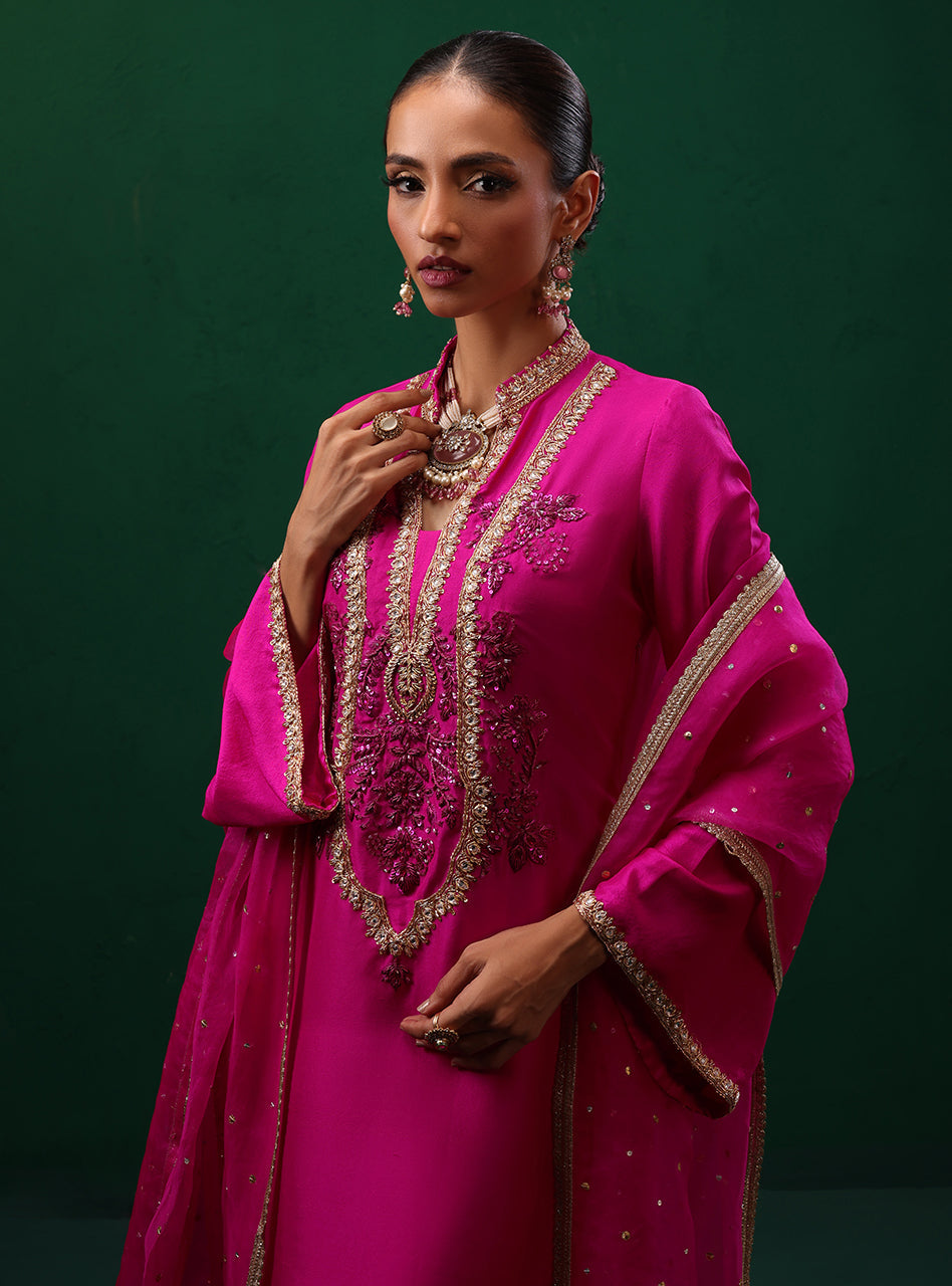 Fuchsia Embroidered Rawsilk & Organza Kurta Set (3-Piece) - Image 6