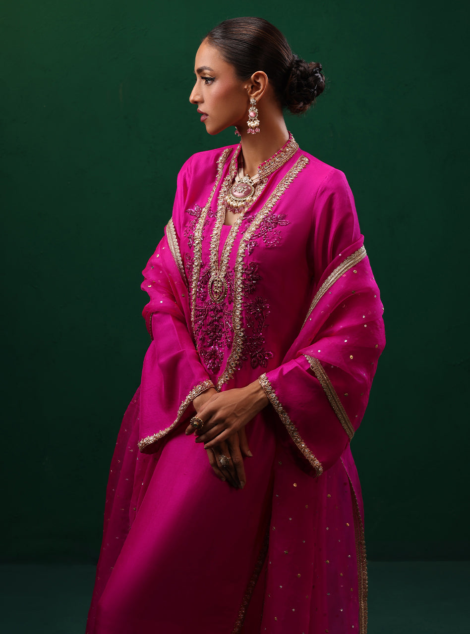 Fuchsia Embroidered Rawsilk & Organza Kurta Set (3-Piece) - Image 7