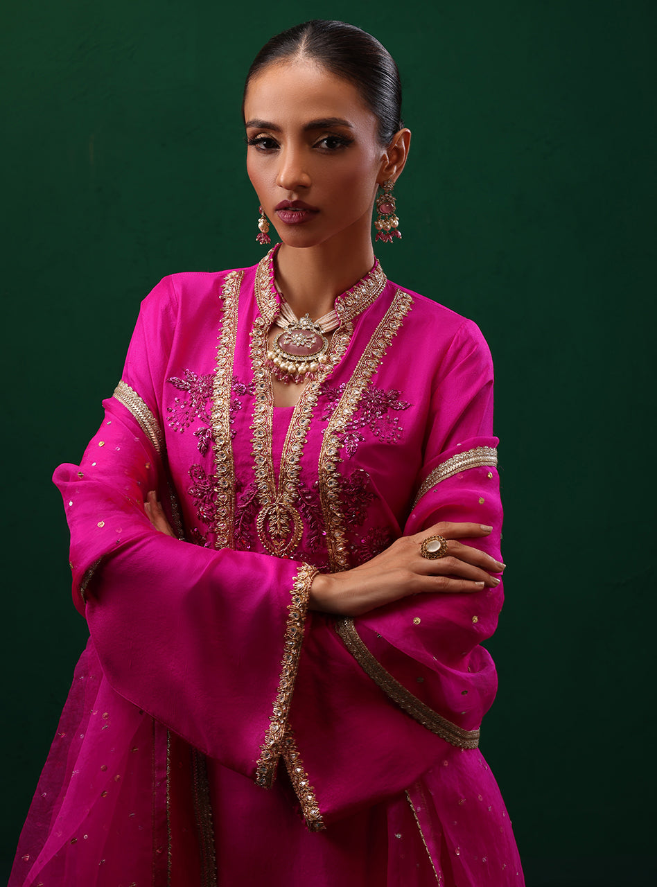 Fuchsia Embroidered Rawsilk & Organza Kurta Set (3-Piece) - Image 8