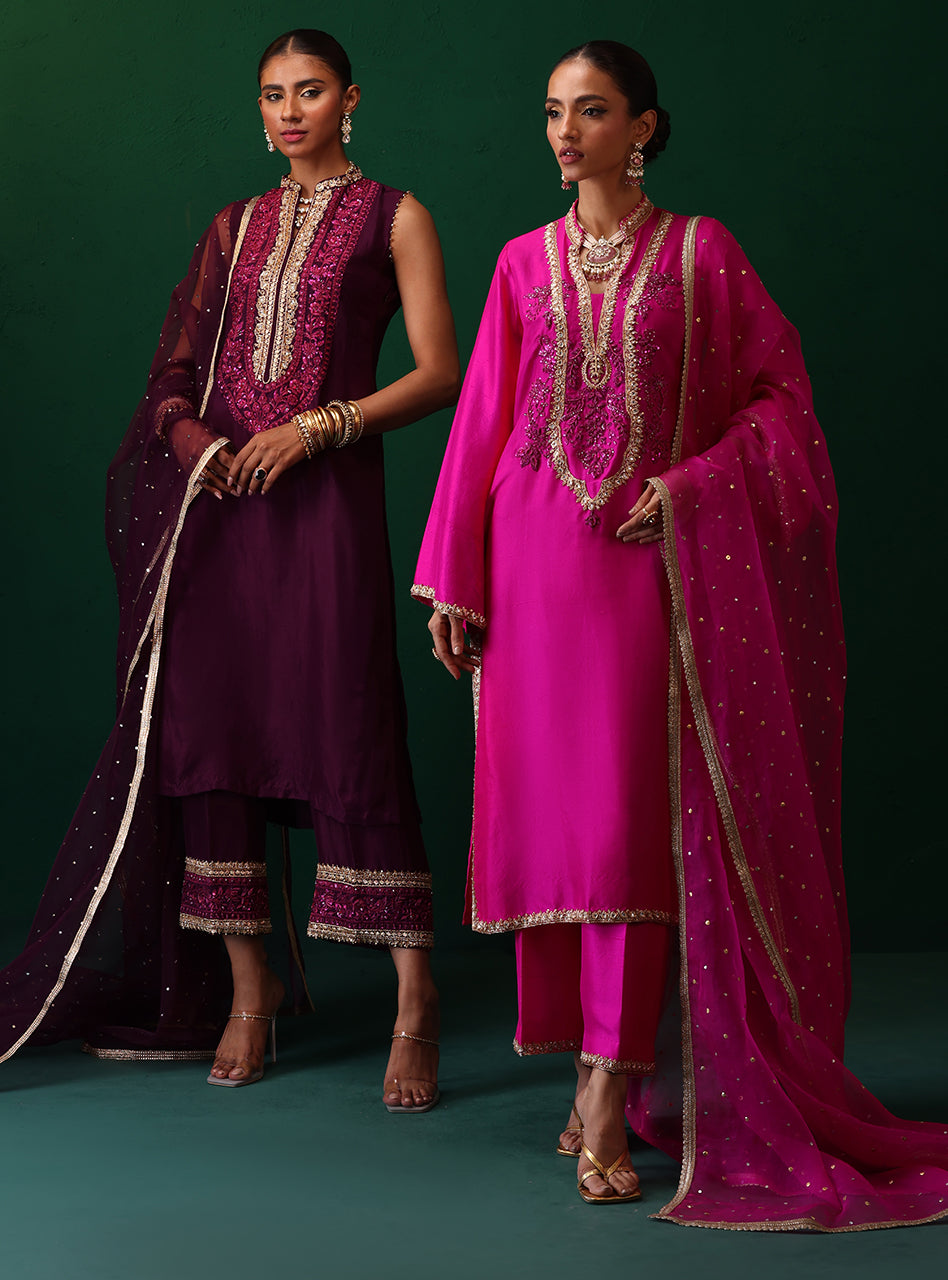 Fuchsia Embroidered Rawsilk & Organza Kurta Set (3-Piece) - Image 9