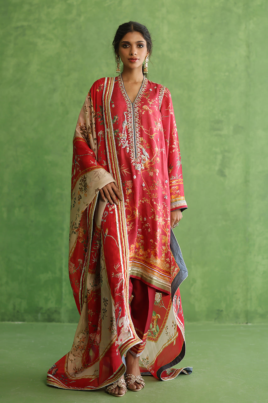 Pakistani Pink Printed Rod Silk Shalwar Kameez (3-Piece) - Image 1