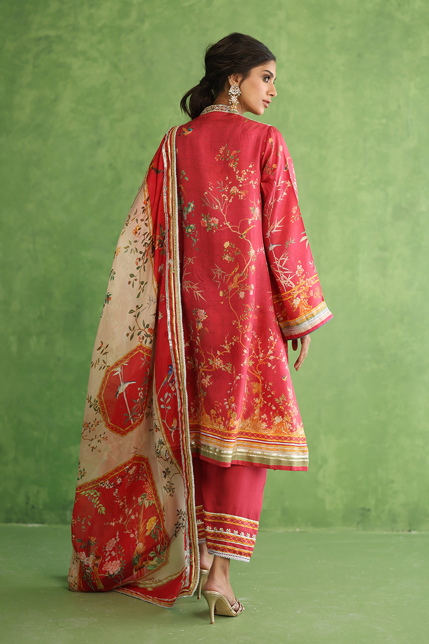 Pakistani Pink Printed Rod Silk Shalwar Kameez (3-Piece) - Image 2