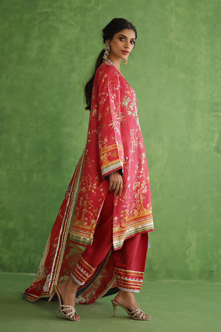 Pakistani Pink Printed Rod Silk Shalwar Kameez (3-Piece) - Image 3