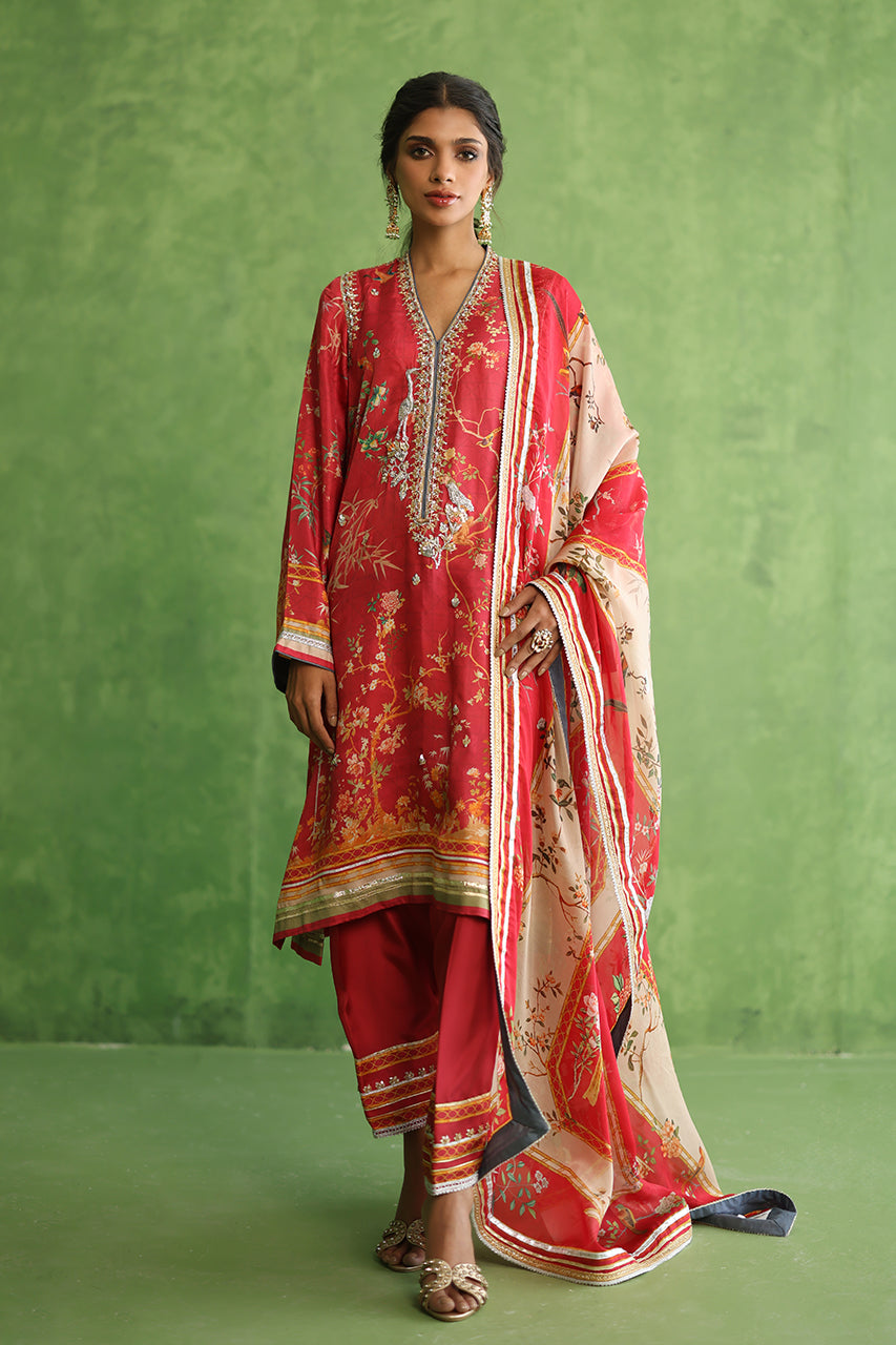 Pakistani Pink Printed Rod Silk Shalwar Kameez (3-Piece) - Image 4