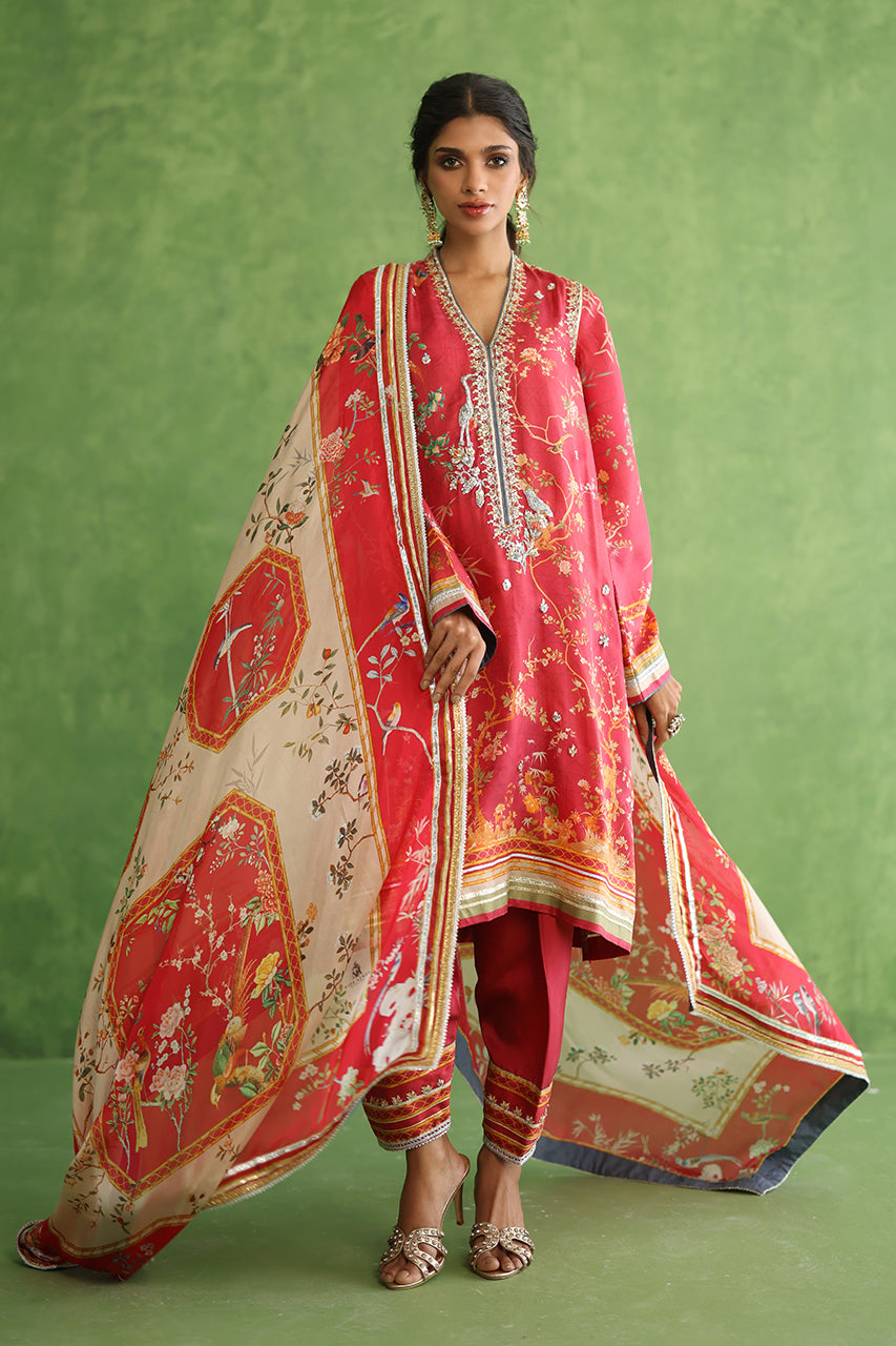 Pakistani Pink Printed Rod Silk Shalwar Kameez (3-Piece) - Image 5