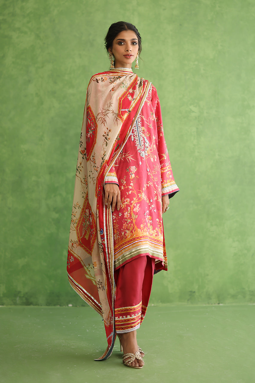 Pakistani Pink Printed Rod Silk Shalwar Kameez (3-Piece) - Image 6