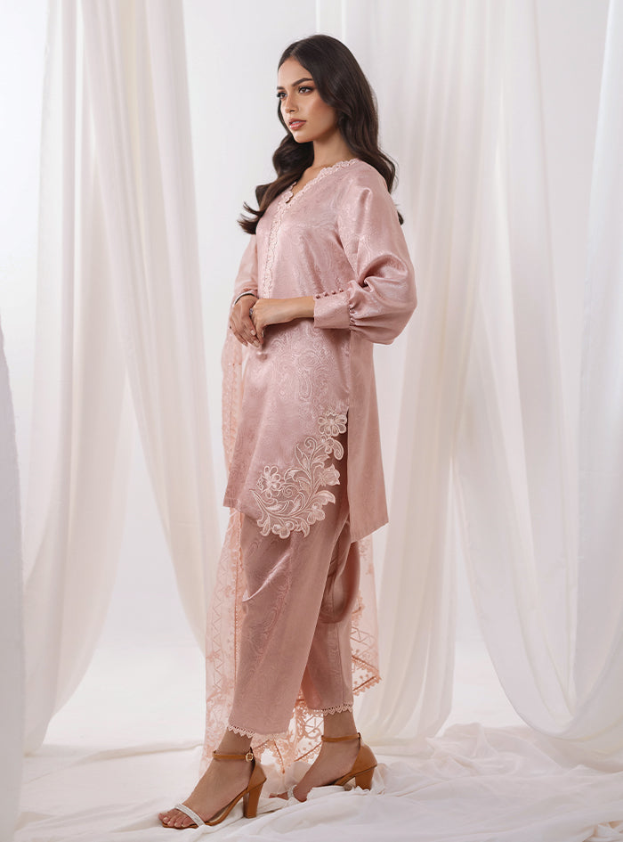 Blush Pink Embroidered Self-Jacquard Salwar Kameez (3-Piece) - Image 3