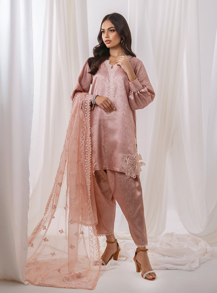 Blush Pink Embroidered Self-Jacquard Salwar Kameez (3-Piece) - Image 5