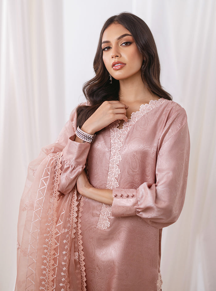 Blush Pink Embroidered Self-Jacquard Salwar Kameez (3-Piece) - Image 7
