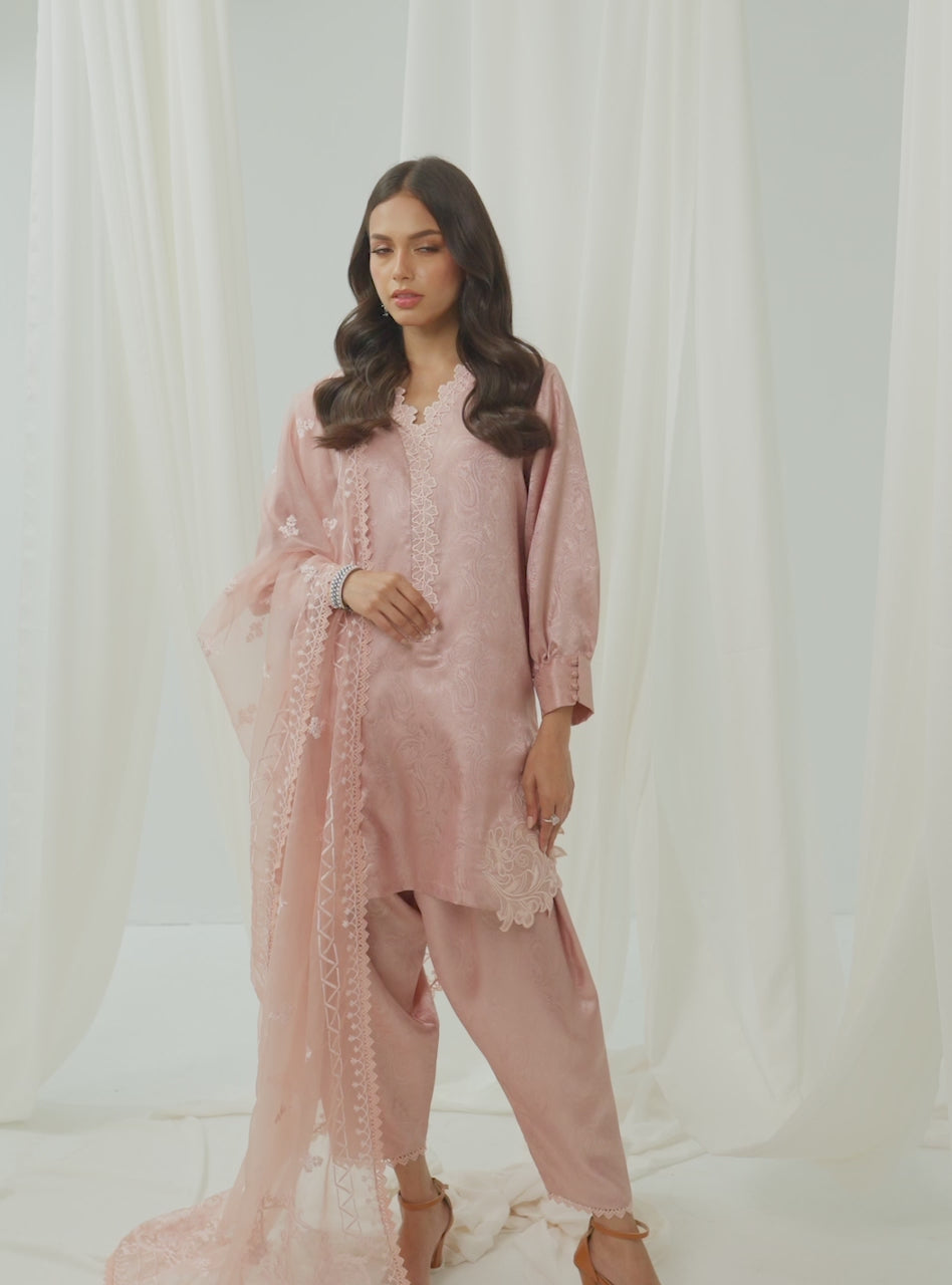 Blush Pink Embroidered Self-Jacquard Salwar Kameez (3-Piece) - Image 9