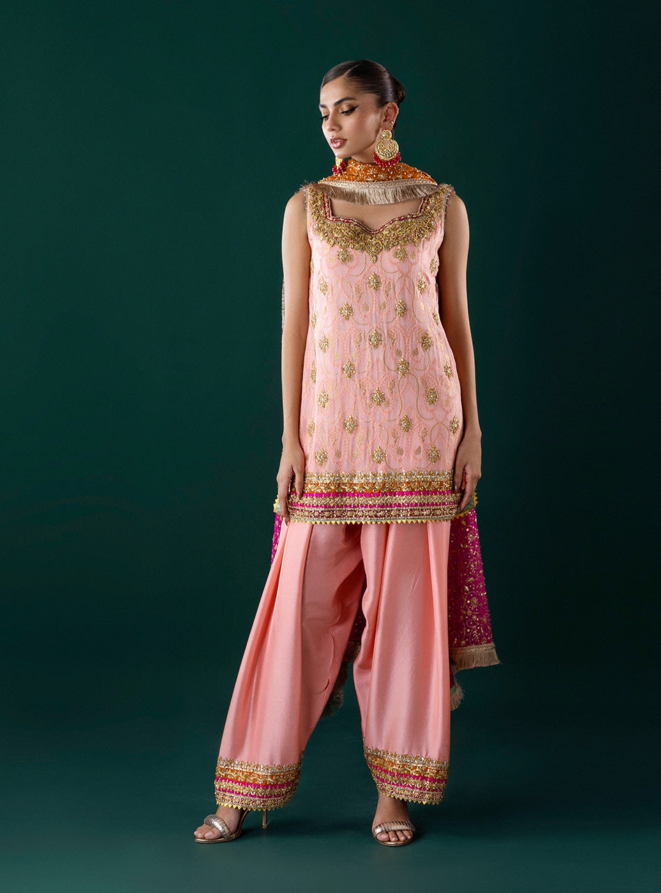Pakistani Powder Pink Embroidered Self-Jacquard Salwar Kameez (3-Piece) - Image 1
