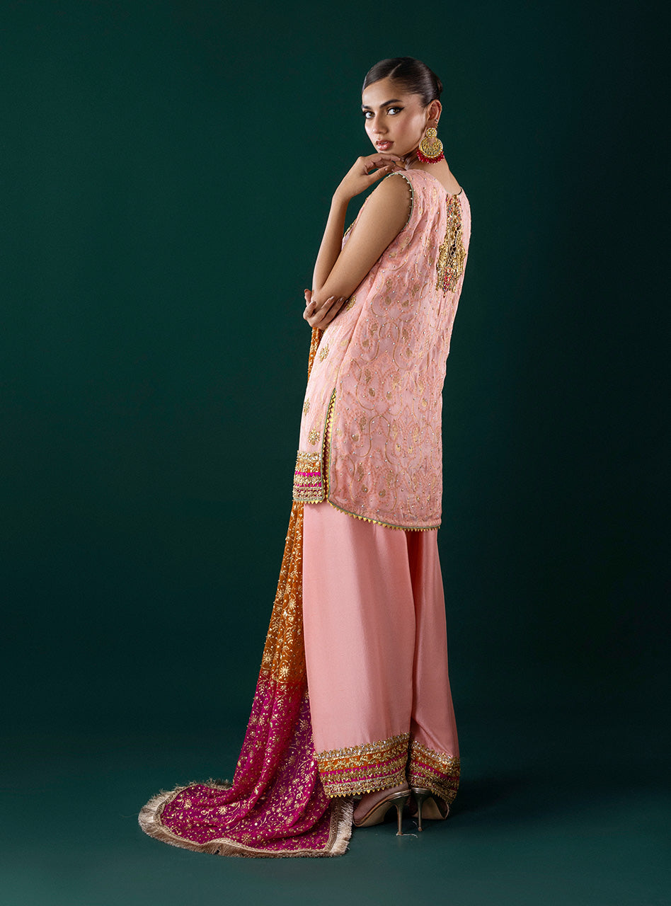 Pakistani Powder Pink Embroidered Self-Jacquard Salwar Kameez (3-Piece) - Image 3