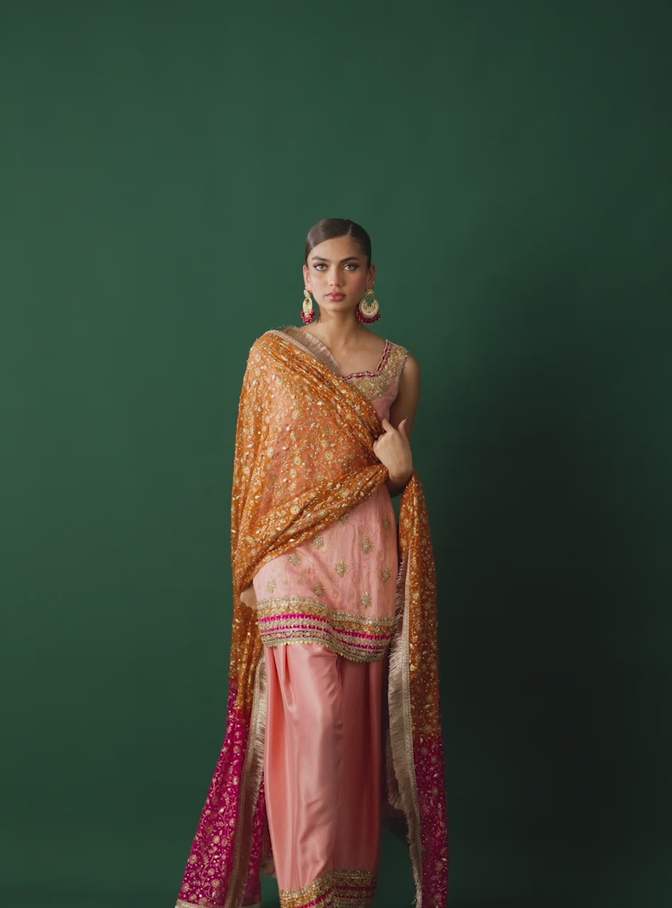 Pakistani Powder Pink Embroidered Self-Jacquard Salwar Kameez (3-Piece) - Image 4