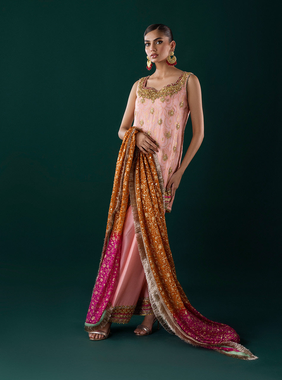 Pakistani Powder Pink Embroidered Self-Jacquard Salwar Kameez (3-Piece) - Image 5