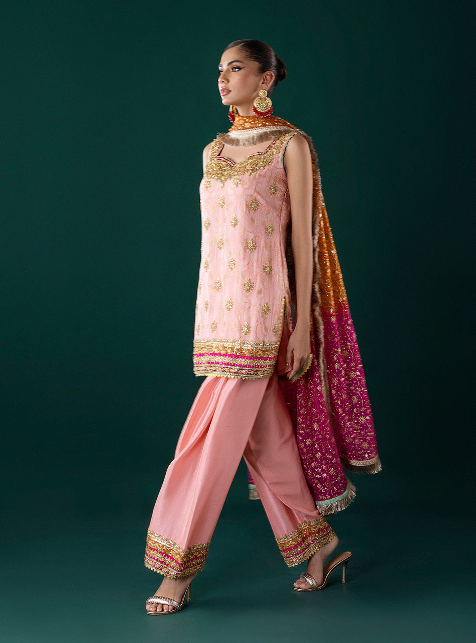 Pakistani Powder Pink Embroidered Self-Jacquard Salwar Kameez (3-Piece) - Image 6