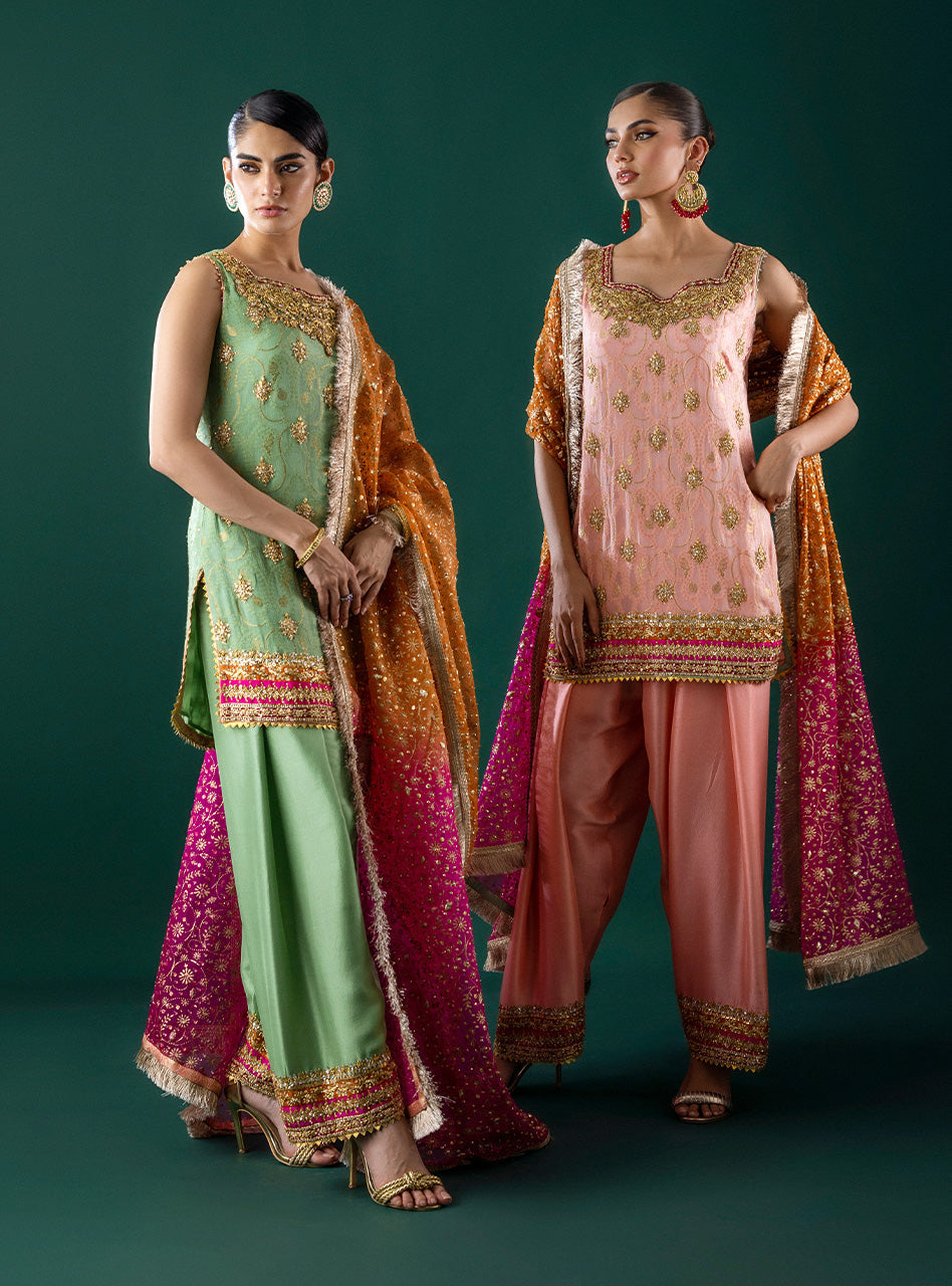 Pakistani Powder Pink Embroidered Self-Jacquard Salwar Kameez (3-Piece) - Image 7