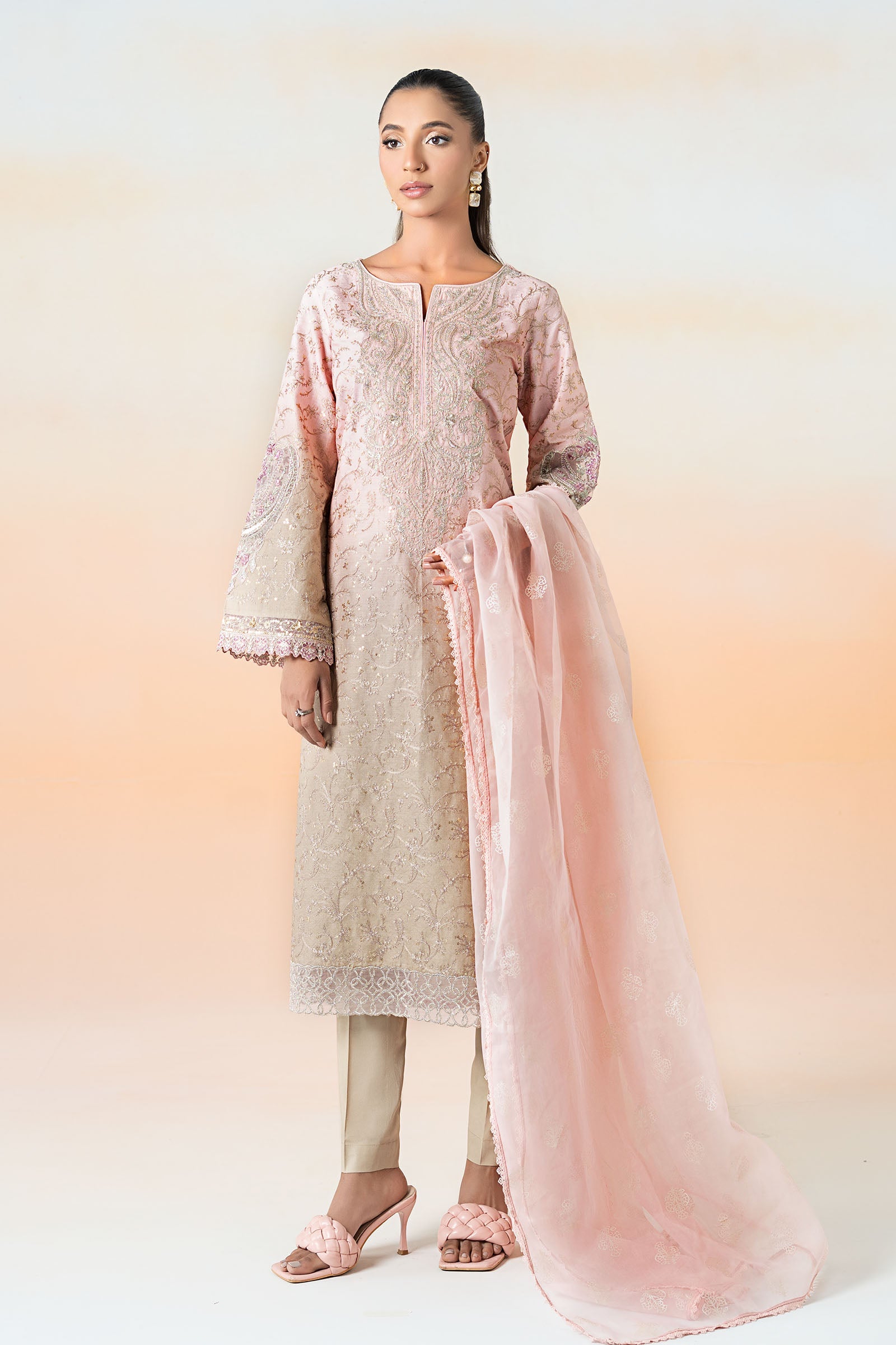 Pastel Pink Embroidered Self-Jacquard Lawn Suit (3-Piece) - Image 1