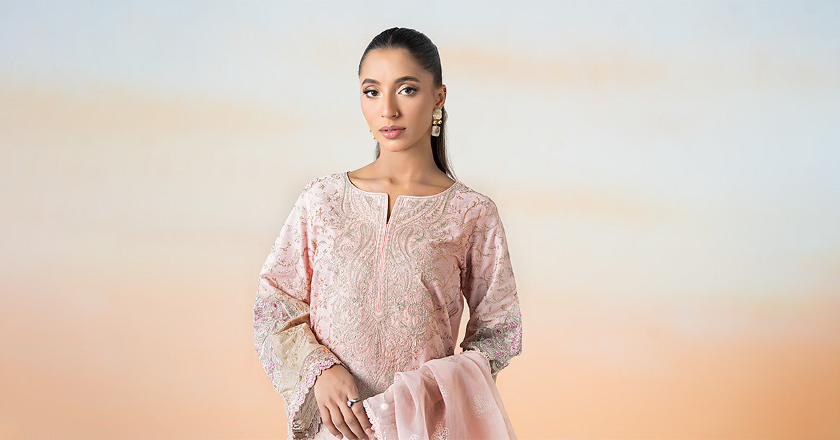 Pastel Pink Embroidered Self-Jacquard Lawn Suit (3-Piece) - Image 7