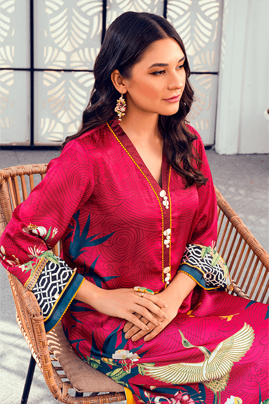 Fuchsia Pink Printed Shamoz Silk Long Shirt (2-Piece) - Image 1