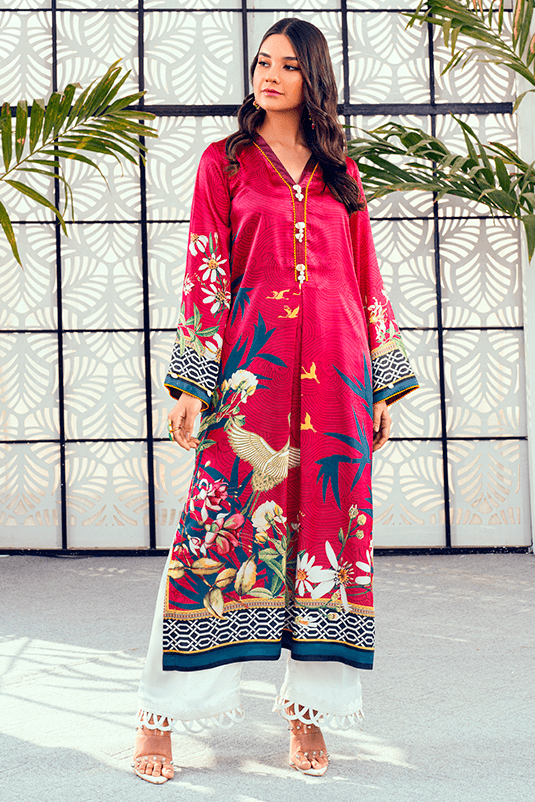 Fuchsia Pink Printed Shamoz Silk Long Shirt (2-Piece) - Image 3