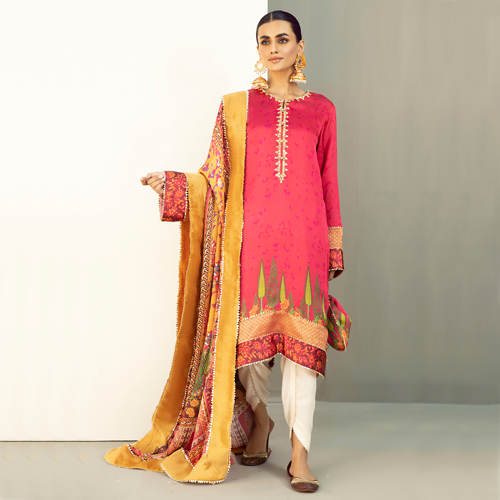 Raani Pink Gota Shamoz Silk Kurta Set (4-Piece) - Image 1